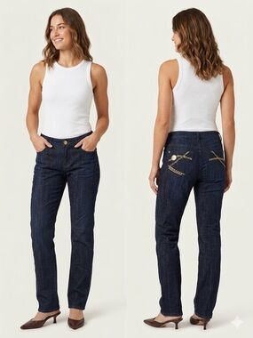 FYLO Vintage Y2K NEW Dark Wash Jeans 6 Gold Chain Straight Leg Mid Rise Pockets